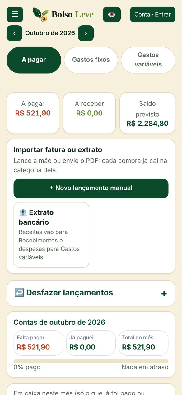 Tela de Contas do Bolso Leve com o que falta pagar e o saldo previsto