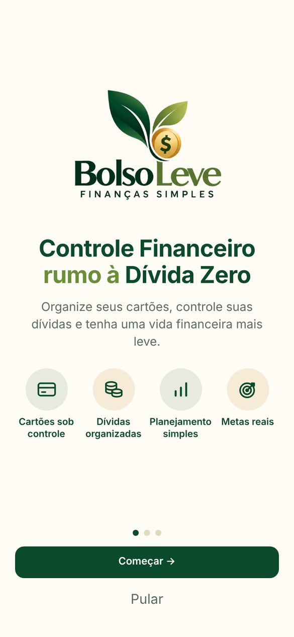 Tela de boas-vindas do Bolso Leve com Controle Financeiro rumo à Dívida Zero
