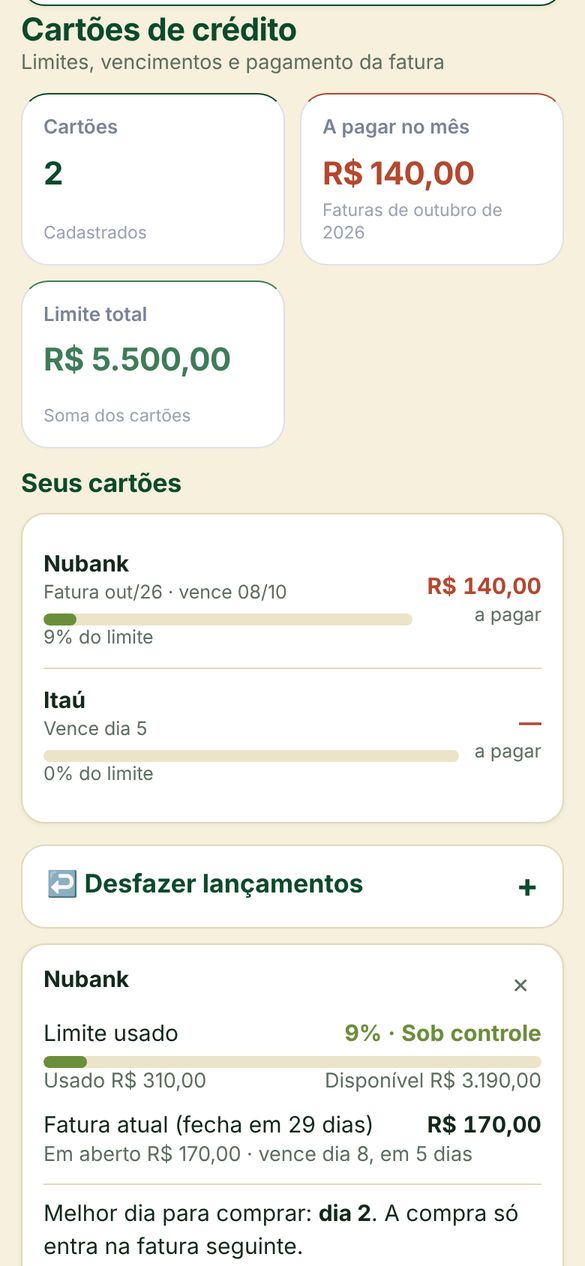 Tela de cartões com limite, fatura atual e melhor dia para comprar