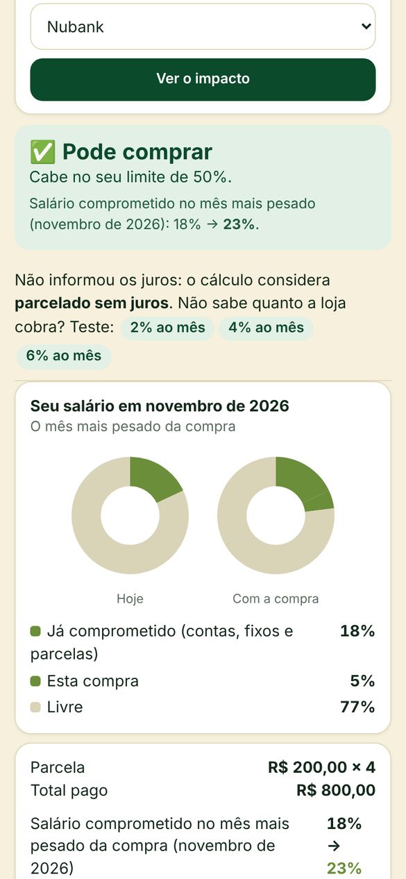 Resultado do Posso comprar mostrando que a compra cabe no limite e o salário comprometido